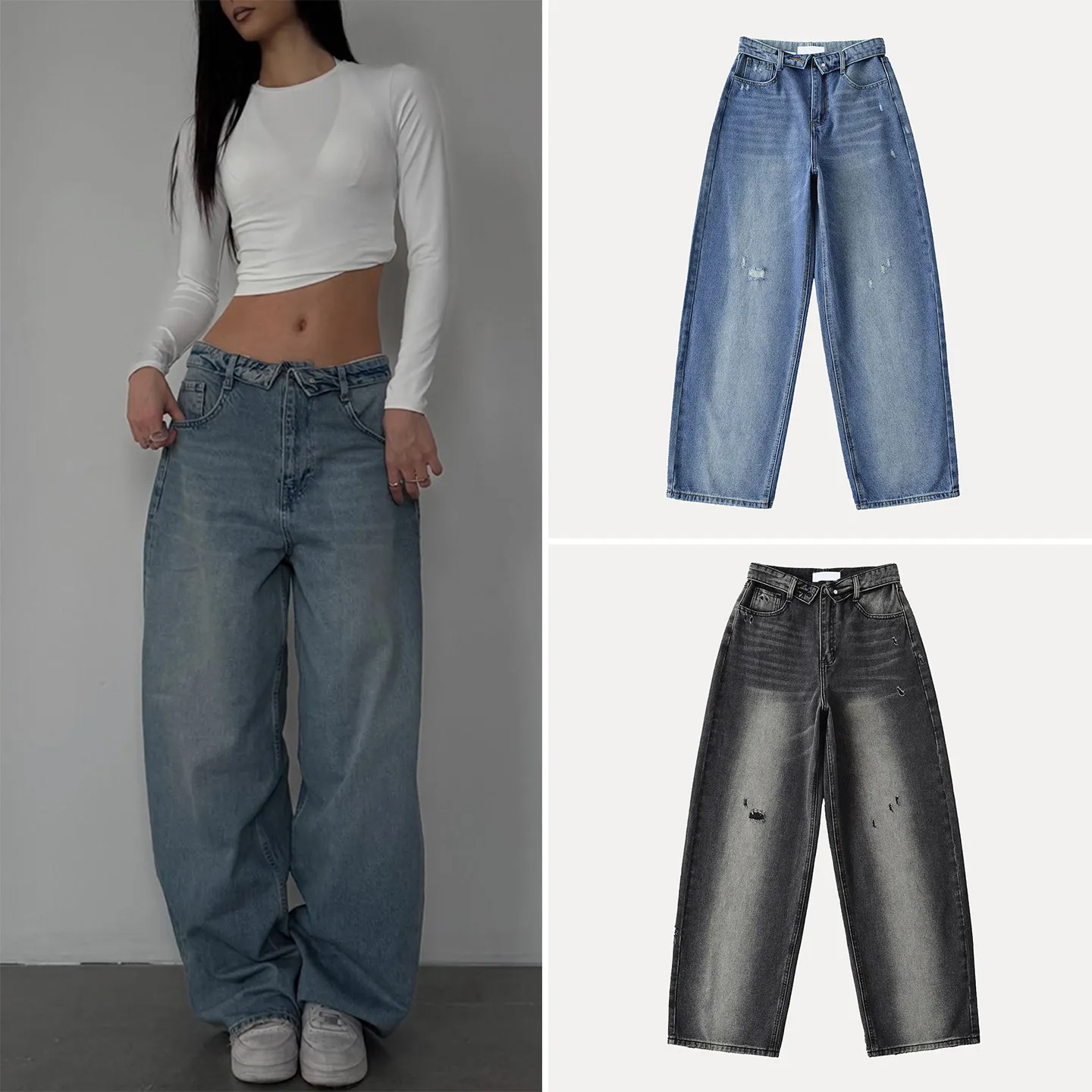 

Женские джинсы с высокой талией и широкими штанинами, весенняя мода, с рваными карманами, с отворотами, длиной до щиколотки, из денима, с микроэластичной тканью