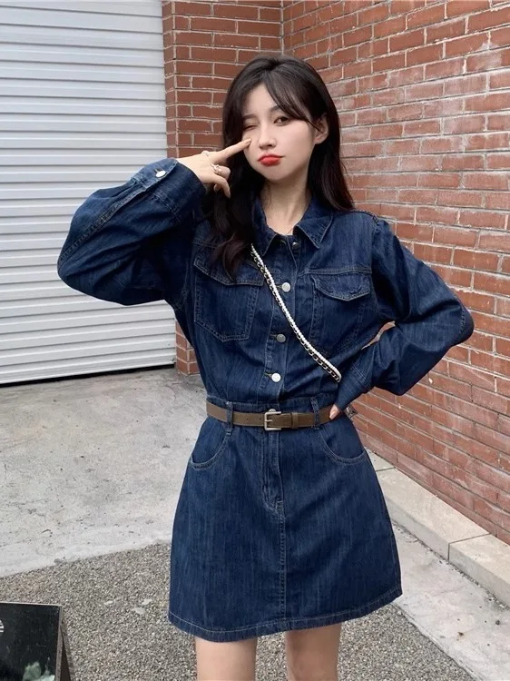 กระโปรงยีนส์ทรงเอเอวสูงสำหรับผู้หญิง รุ่นกระชับสัดส่วน ช่วยเก็บหน้าท้อง  กระโปรงยาว  คอปกสไตล์นักศึกษา  สำหรับฤดูใบไม้ร่วงและฤดูหนาว