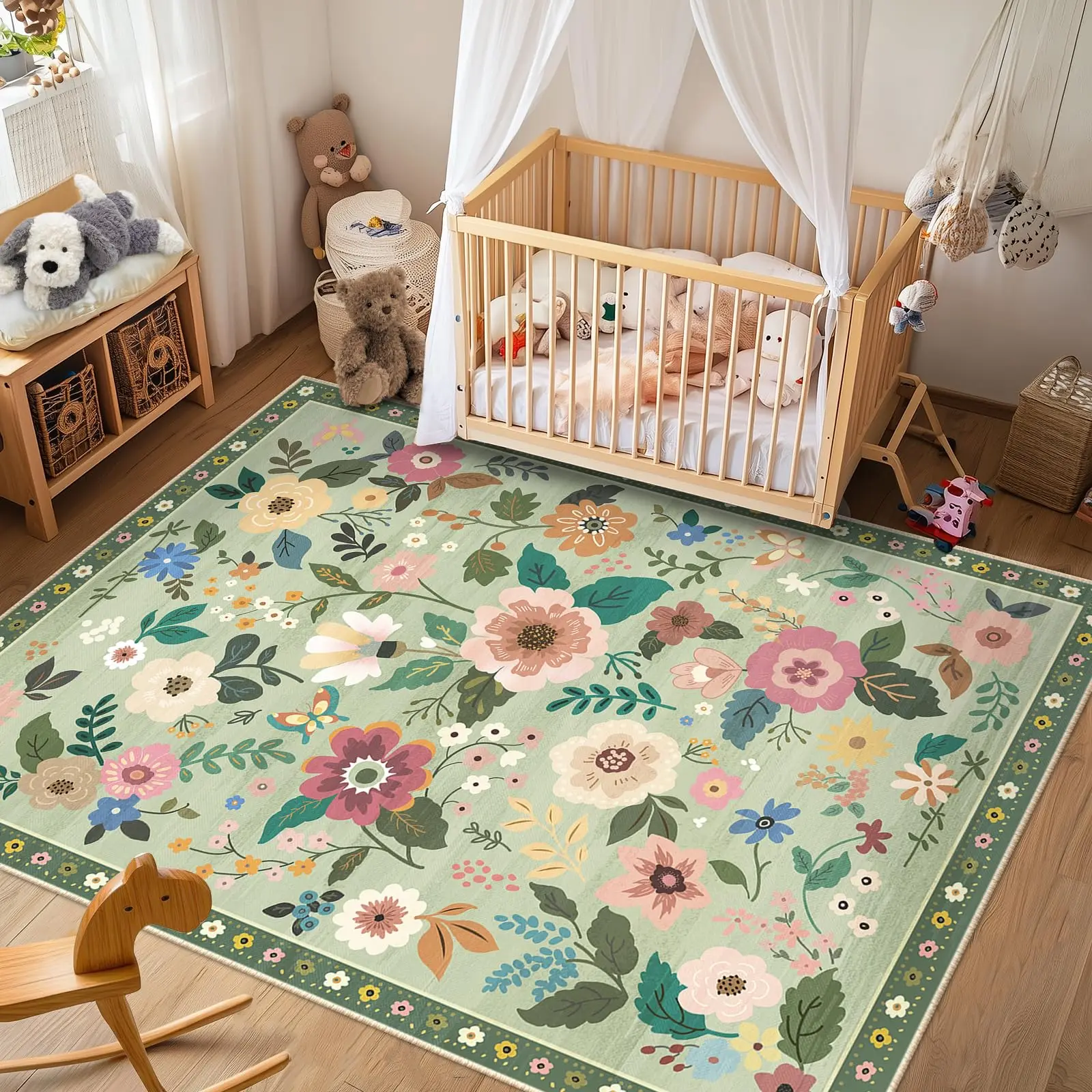 

Green Floral Rugs for Bedroom Boys Living Room Hallway Entryway Dorm Boho Farmhouse Carpets Floor Mat Indoor Doormat