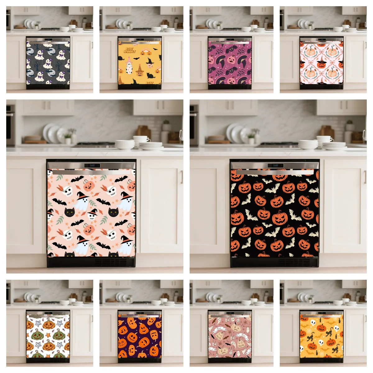 Cute Halloween Seamless Pattern Dishwasher Sticker Self‑Adhesive Holiday Decor Cover for Washing Machine Flat Cabinet Surface