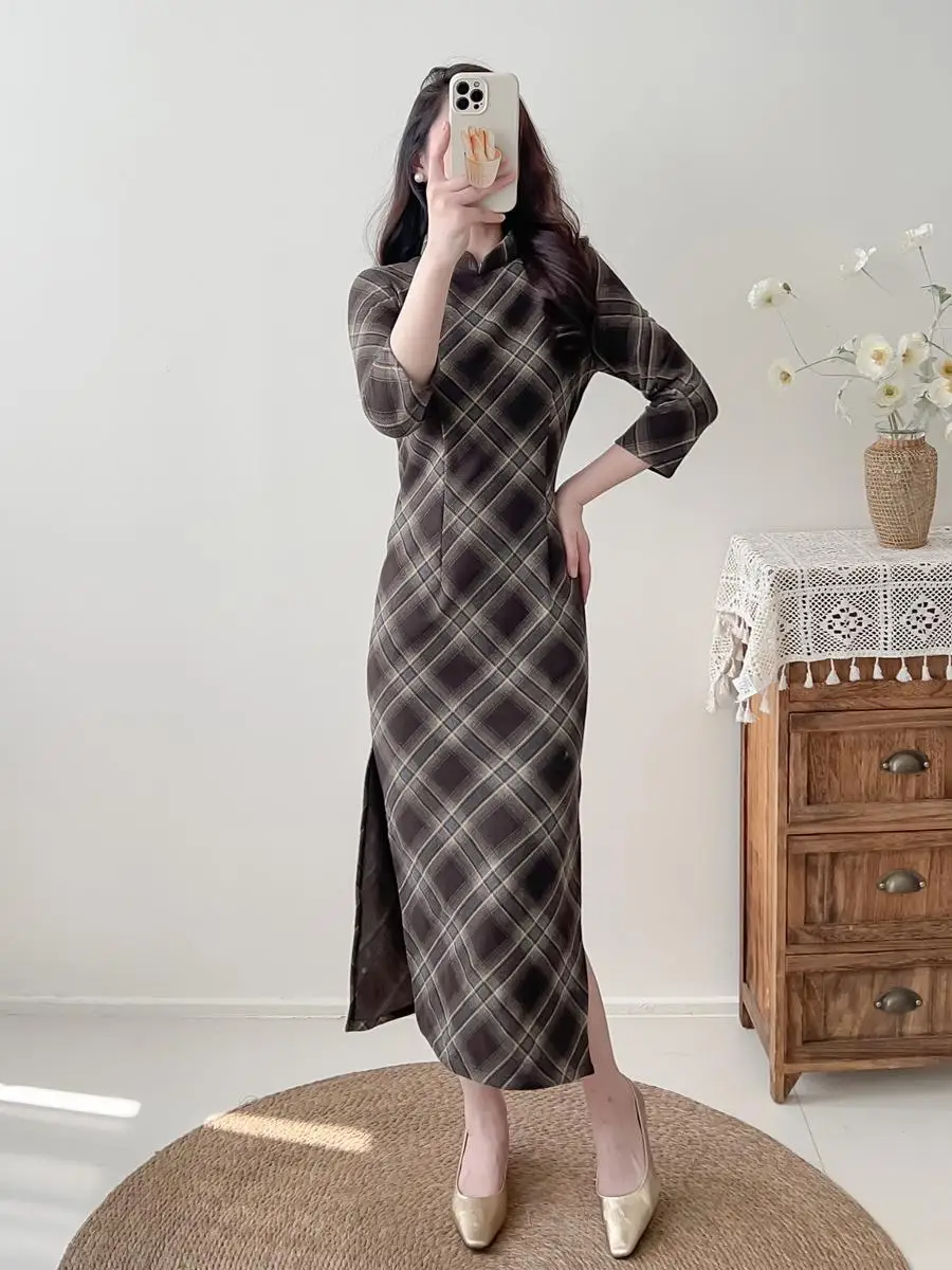 

Ele Vintage Chinese Sle Long Sve Plaid Young Fit Women's Autumn Winter Faion High Collar Low Slit Warmth
