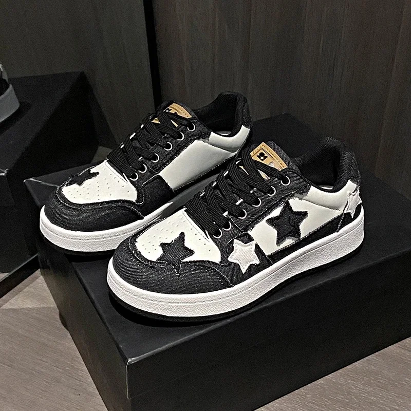 Women's Vintage Star Skate Sneakers Low Top Lace Up Casual Streetwear Chunky Sole Walking Sports Shoes Fashion Trainers Size 41