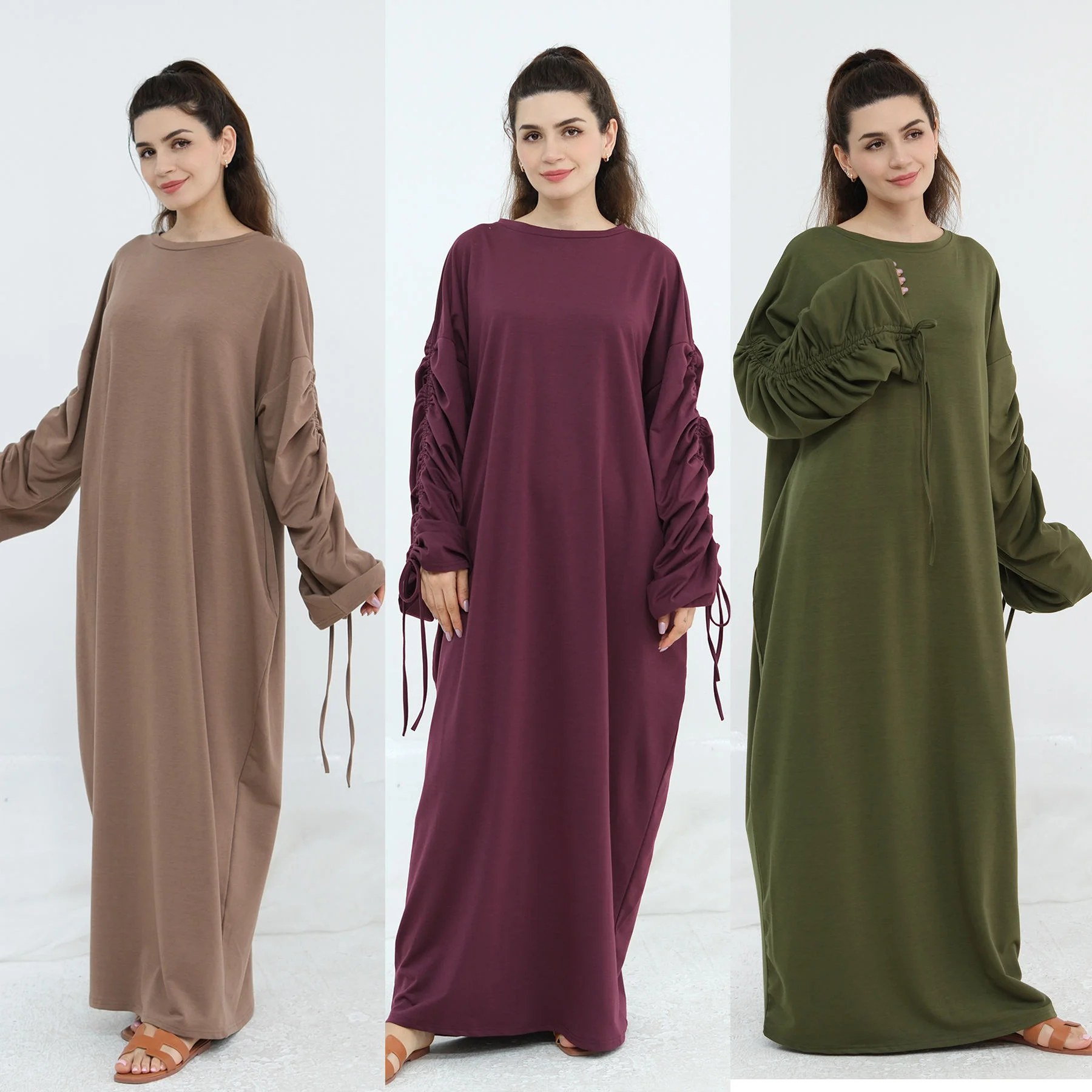 

Femme Musulmane Vestidos Ид Джеллаба Мусульманские женщины Манжеты на шнурке Абая Дубай Кафтан Ислам Джалабия Кафтан Марокаин Халат Платье