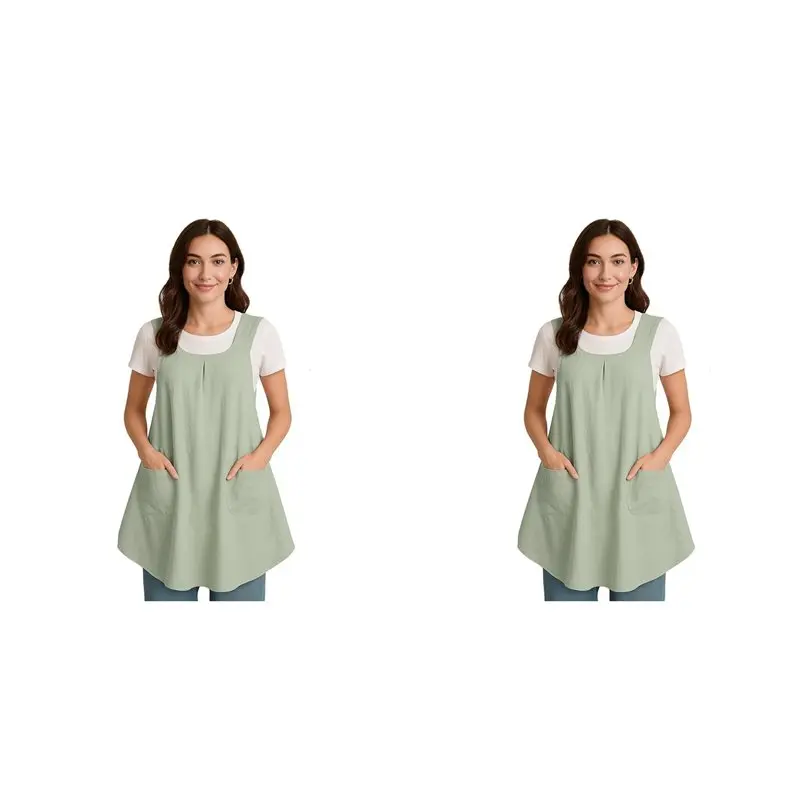 

【ALLOWANCE】2X Apron With Pocket Cotton Linen, Japanese Back Apron For Gardening Painting Green