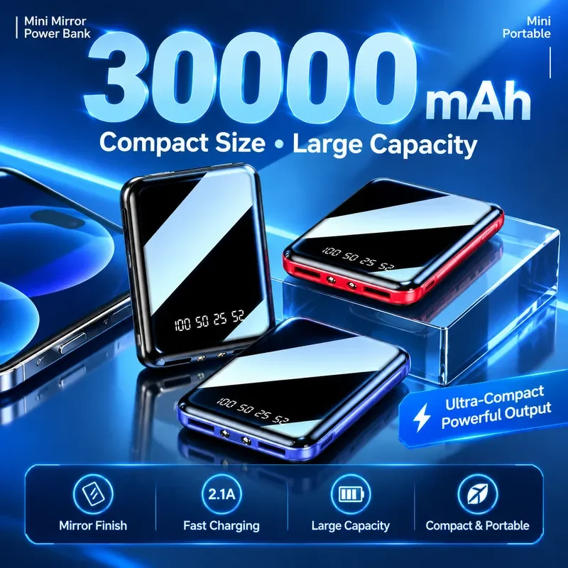 30000mAh Mini Power Bank Portable Charger with Mirror Screen LED Digital Display External Battery for iPhone Xiaomi Huawei
