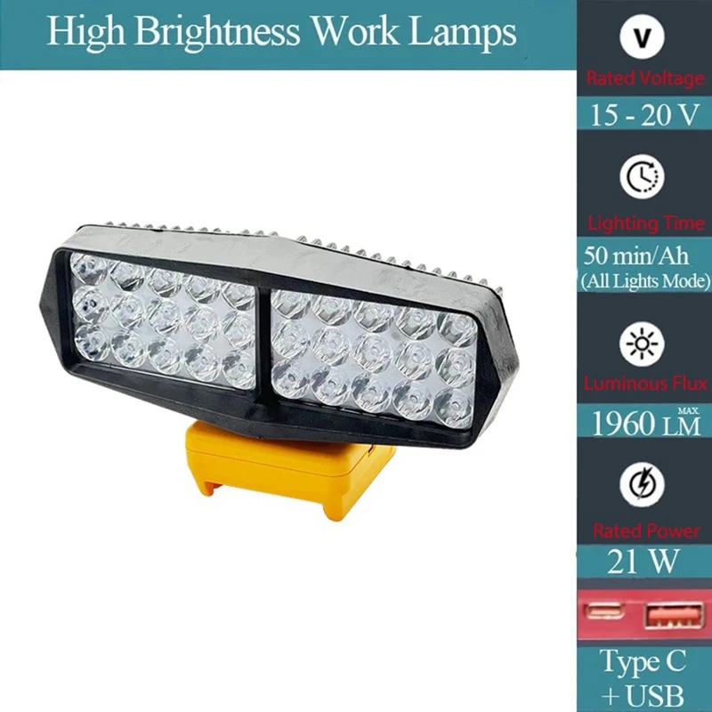Lámpara de trabajo de 30 LED, linterna, foco, Banco de energía USB y tipo C con protección de bajo voltaje para batería de litio Dewalt