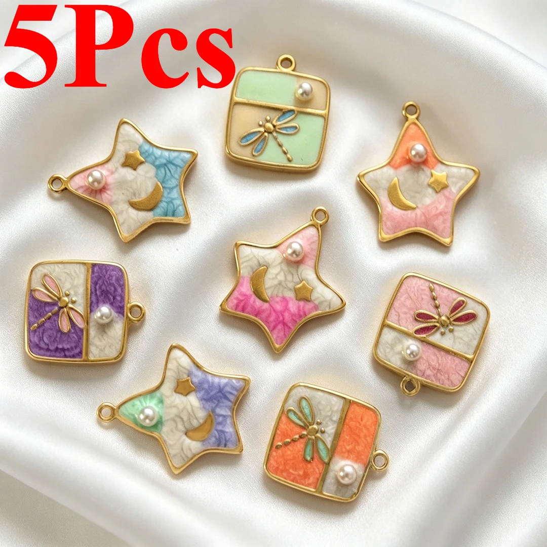 Moon Star Earrings - 5Pcs Gold Plated Stainless Steel Charms
