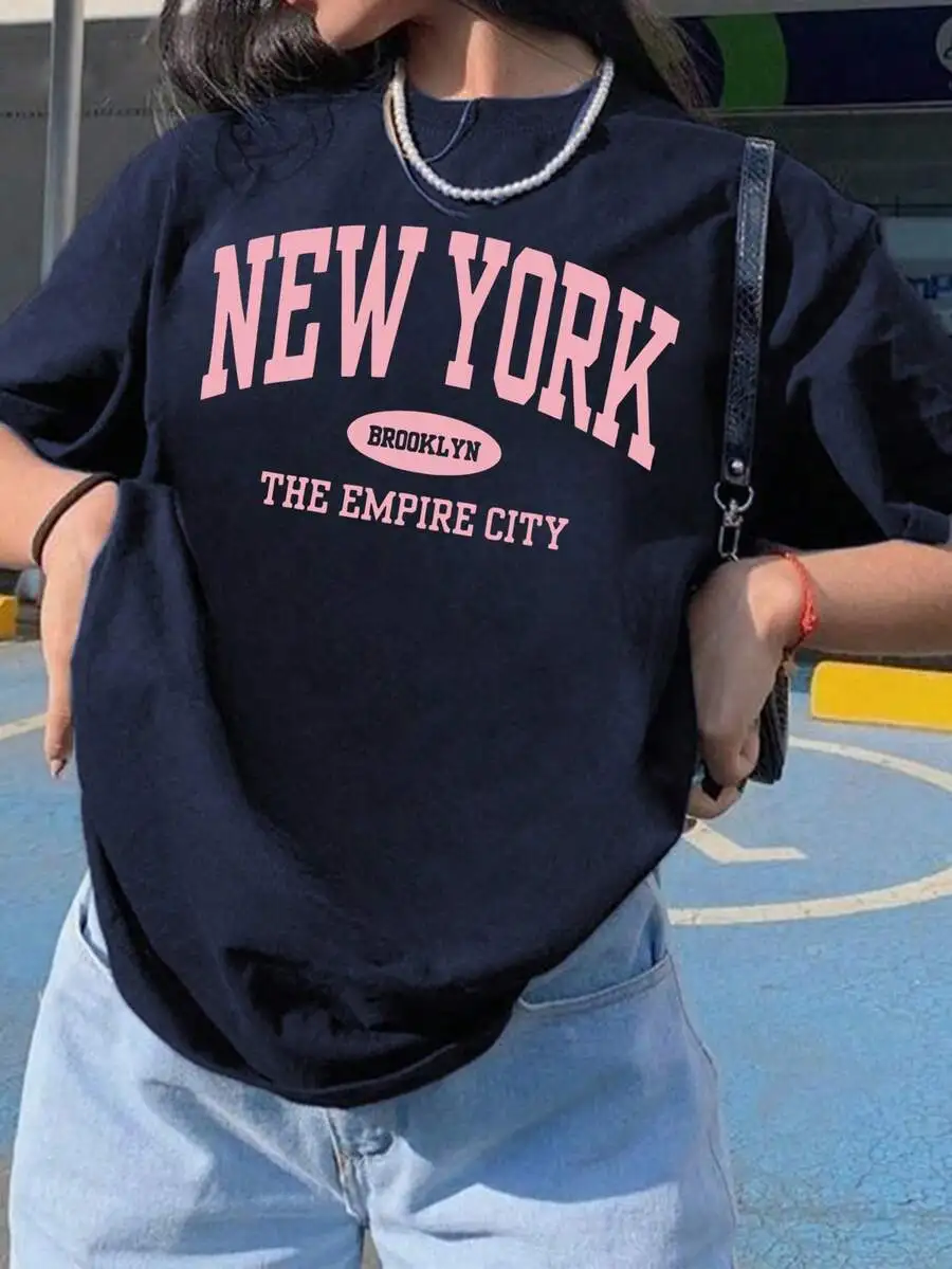 Women's Crew Neck Short Sleeve T Shirt Summer New York Letter Graphic Print Loose Casual Streetwear Versatile Daily Top