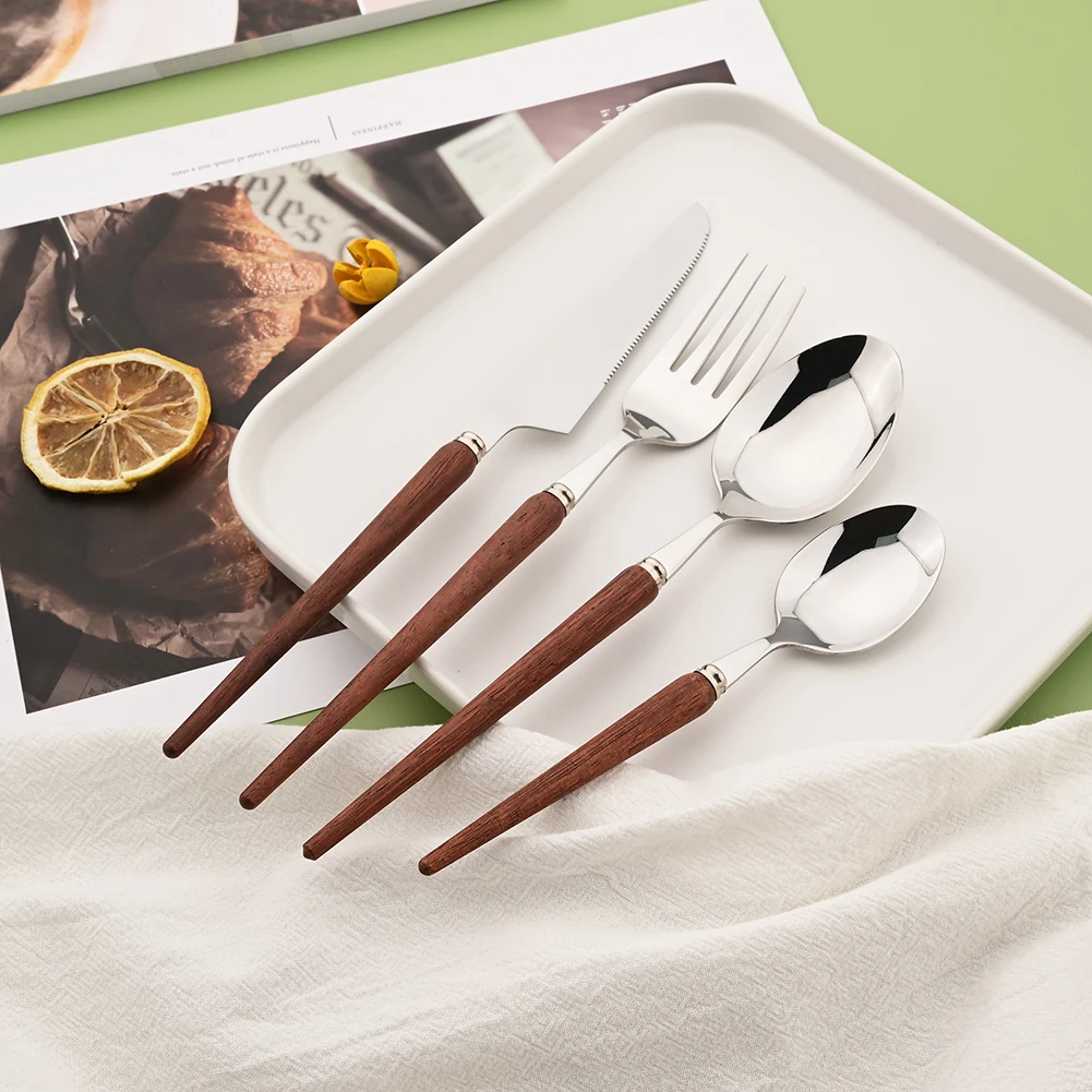 2/4/6Set Wooden Handle Cutlery Set Stainless Steel Dinnerware Dessert Fork Knife Coffee Spoon Tableware Set Western Flatware Set