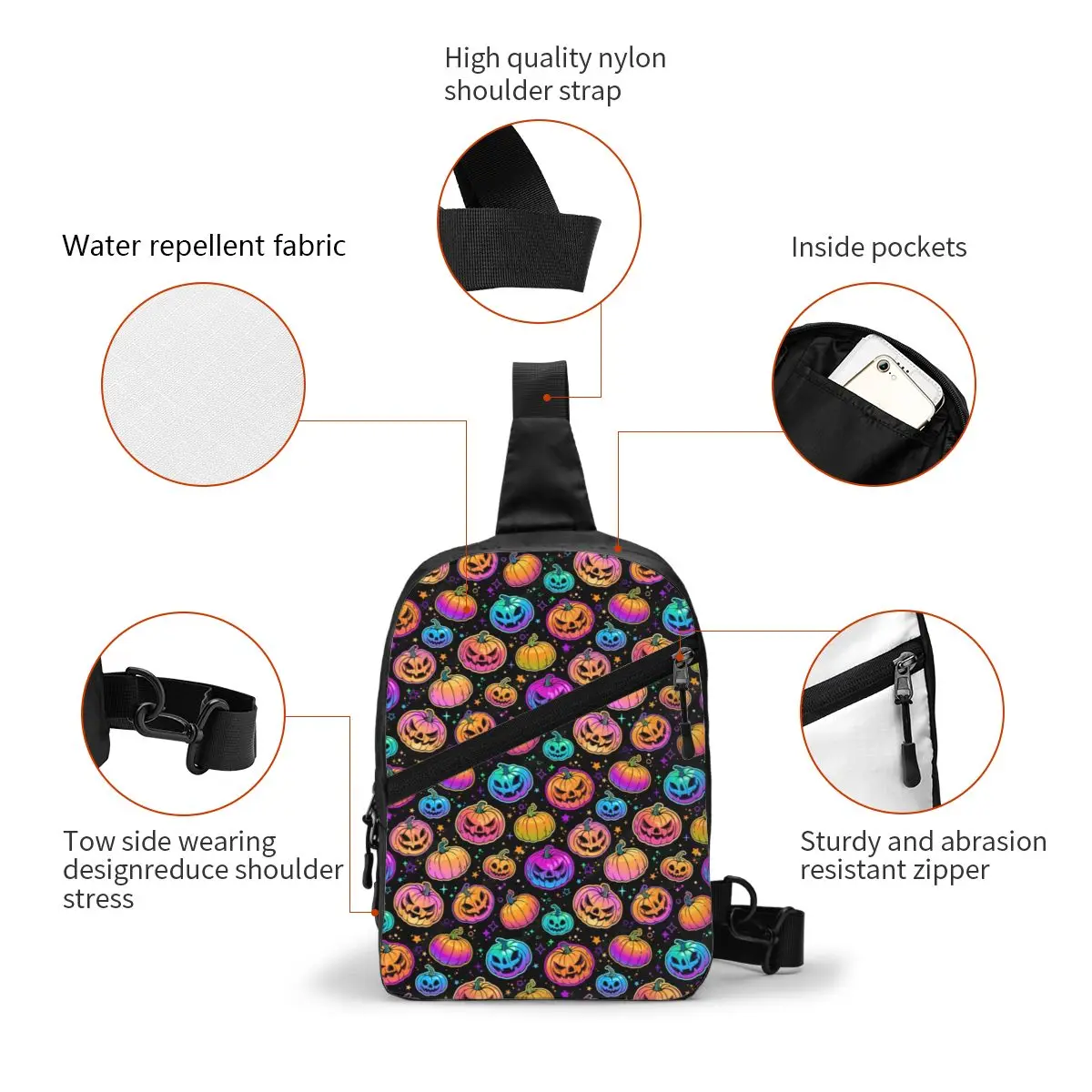 Custom Colorful Pumpkin Bats Star Moon Gothic Magic Mysterious Crossbody Sling Backpack Men Shoulder Chest Bag Daypack