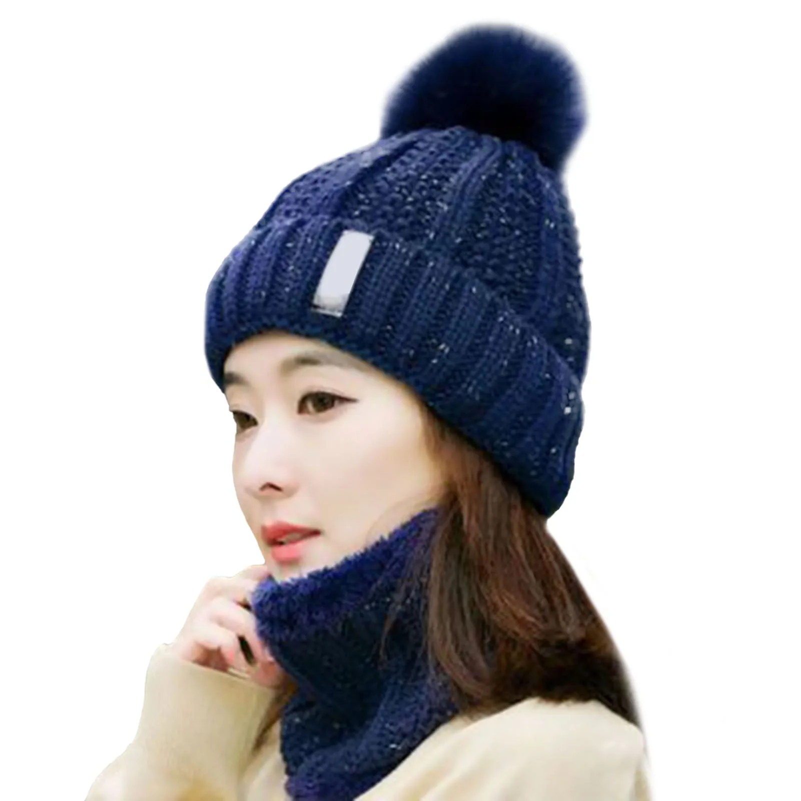 Winter Knitted Scarf Hat Set Women Thick Warm Beanie Skullies Hat Outdoor Riding Sets