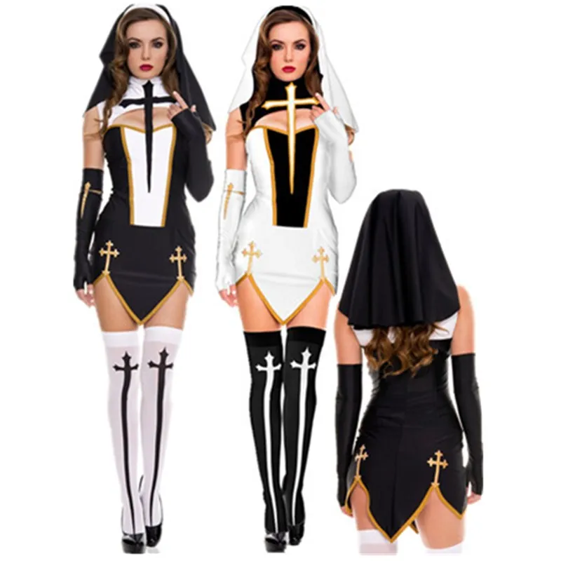 

Virgin Mary Sexy Nun Costume Adult Women Cosplay Dress With Black Hood For Halloween Sister Cosplay Party Costume Nun Outfits