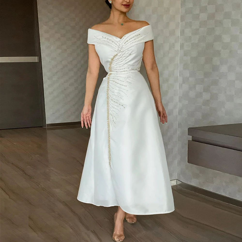 Elegant Off the Shoulder Delicate Beaded Bridal Gown Dubai Arabic Ankle Length A Line Wedding Dresses