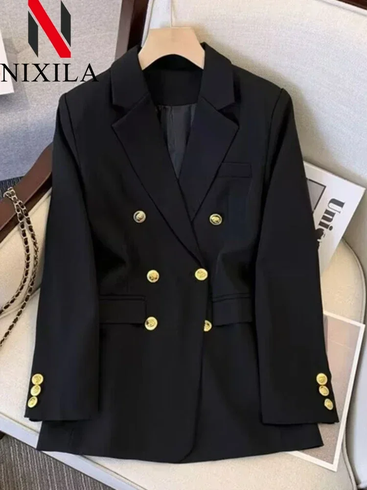 Spring Autumn Women Chic Office Lady Double Breasted Blazer Vintage Coat Fashion Collar Long Sleeve Ladies Outerwear Stylish Top