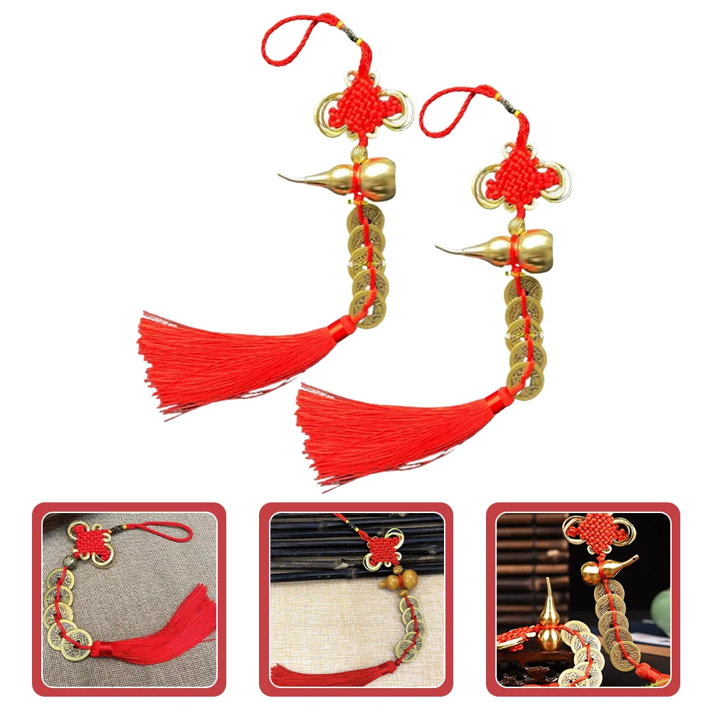 2 Pcs Spring Festival Pendant Coin Gourd Hanging Ornament Chinese New Year Decor Style Polyester Bonsai