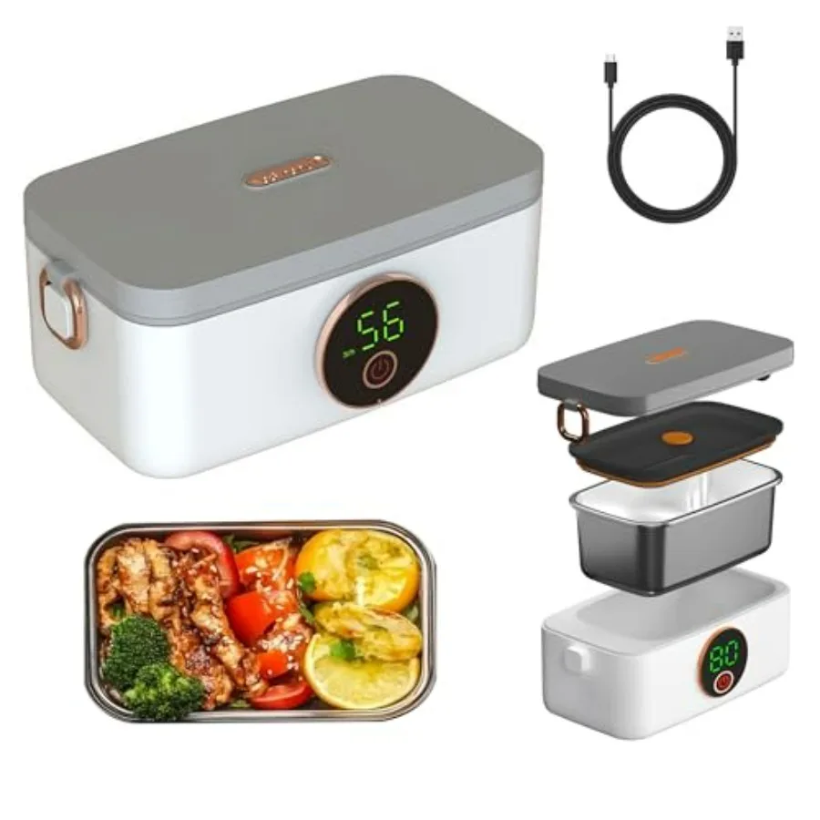 

Cordless Electric Lunch Box for Men Adults Portable Self-Heating 1L SS Container with 5-Speed Smart Timer Perfect for Travel Of