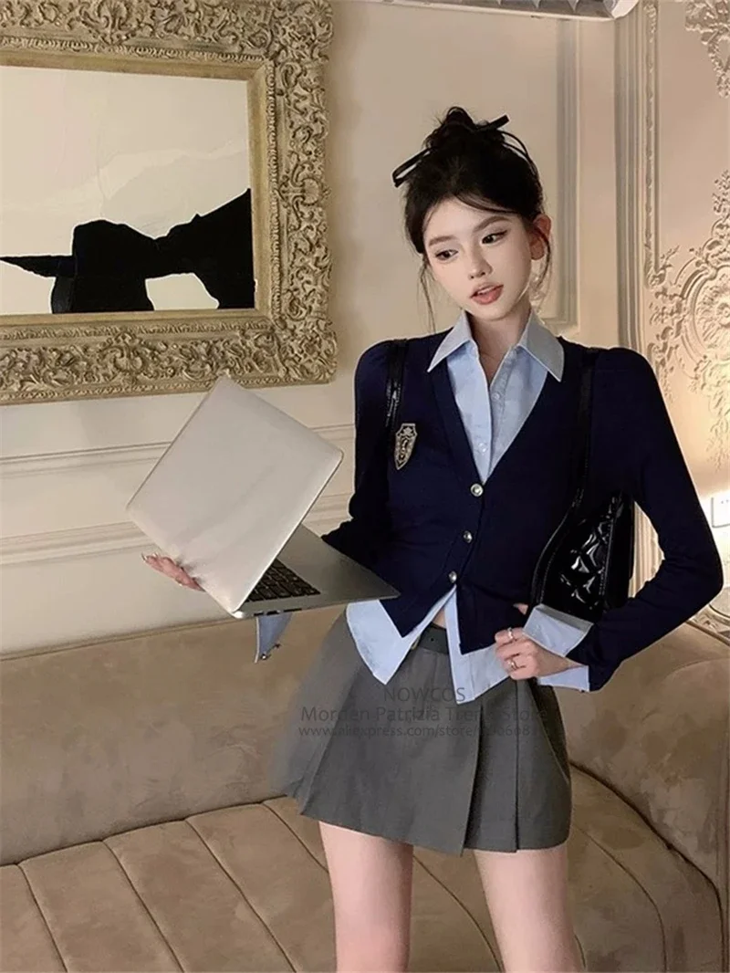 Preppy Style 2024 New Spring Women Korean JK Uniform Set Long Sleeve Navy Mock Two-Piece Shirt Top Jacket A line Skirt Suit Girl