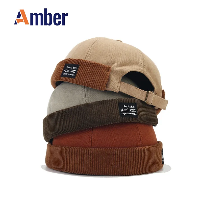 Amber Beanie Hat Without Visor Docker Brimless Hats Dome Corduroy For Men Women Y2K Vintage Retro Streetwear Winter Autumn Cap