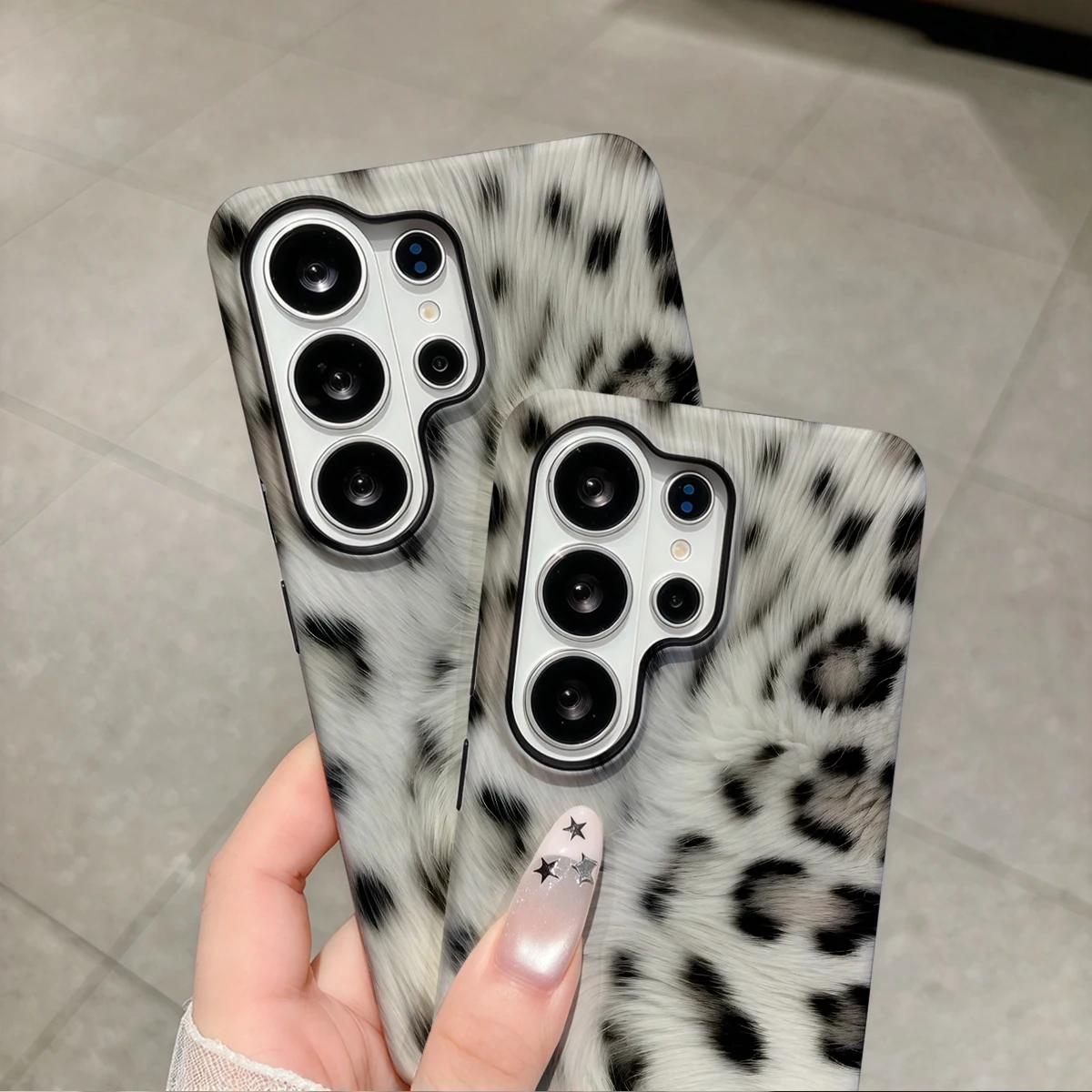 White Snow Leopard Fur Phone Case For Samsung Galaxy S26 S25 Ultra S24 S23 Plus Hard Shock‑Absorption 2-in-1Protective Cover
