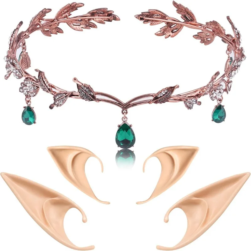 3PCS/Soft Fairy Elf Ears & Crystal Crown Headband Set – Women’s Halloween Cosplay Costume Accessory for Party & Fantasy Events