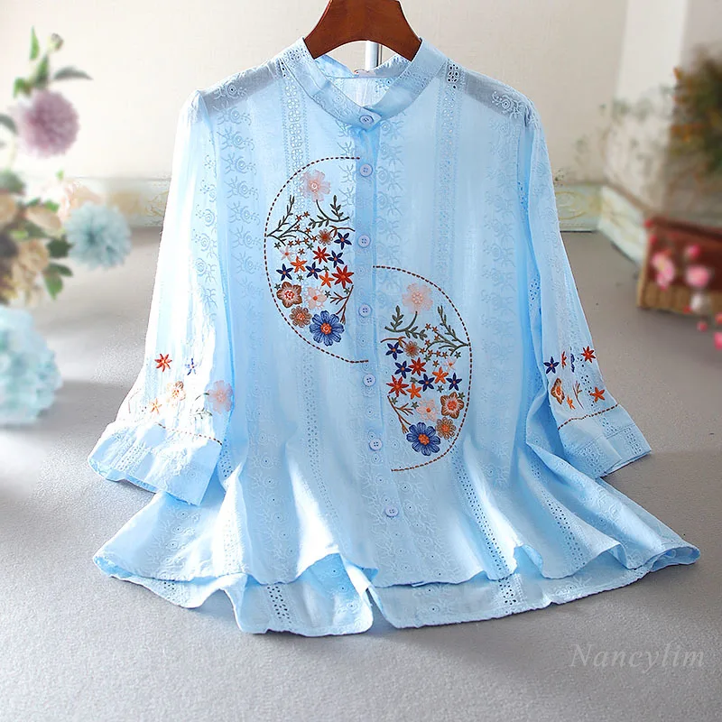 

New Chinese Style Blouse Fashion Women's Wear Lace Cotton Stand Collar Loose Lotus Leaf Top with Swing Embroidered Shirt Top