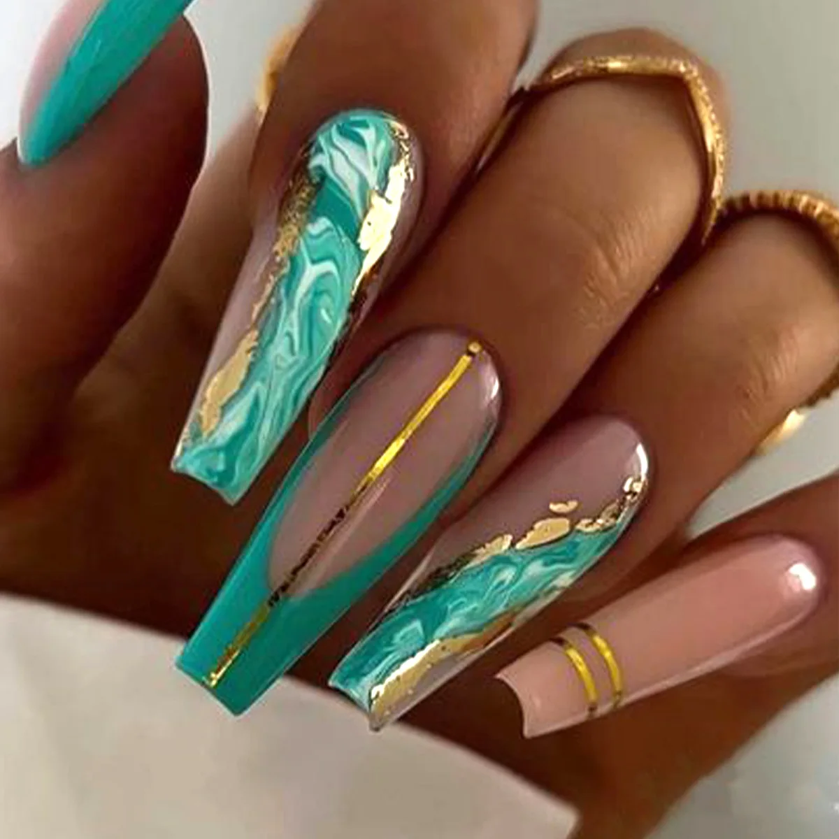 Gold Powder Smudge Press on Nails Medium Dark Green Long False Nails Coffin Fake Nails Marble Acrylic Nails Stick on Nails Sets