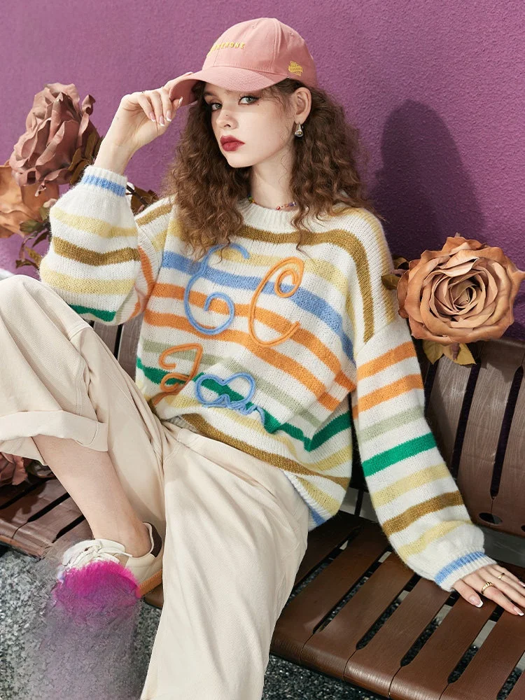 

Romantic Color Striped Women's Knitted Sweater Soft Plump Loose Fit Spring Faion by Elf Sa Fairy's ket Brand