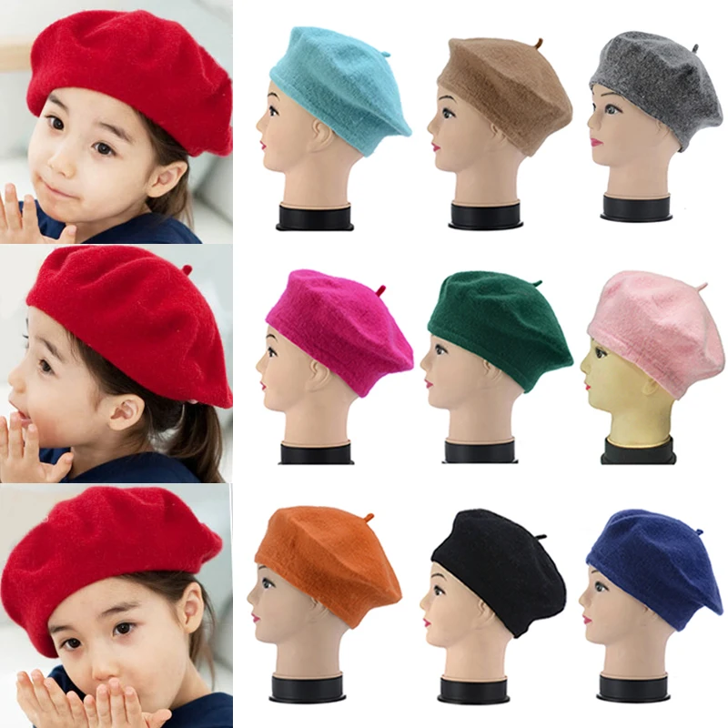 Baby Kids Girls Beret Cap French Artist Warm Wool Winter Beanie Hat Classic Solid Color Retro Soft Beret For Travel Take Photo