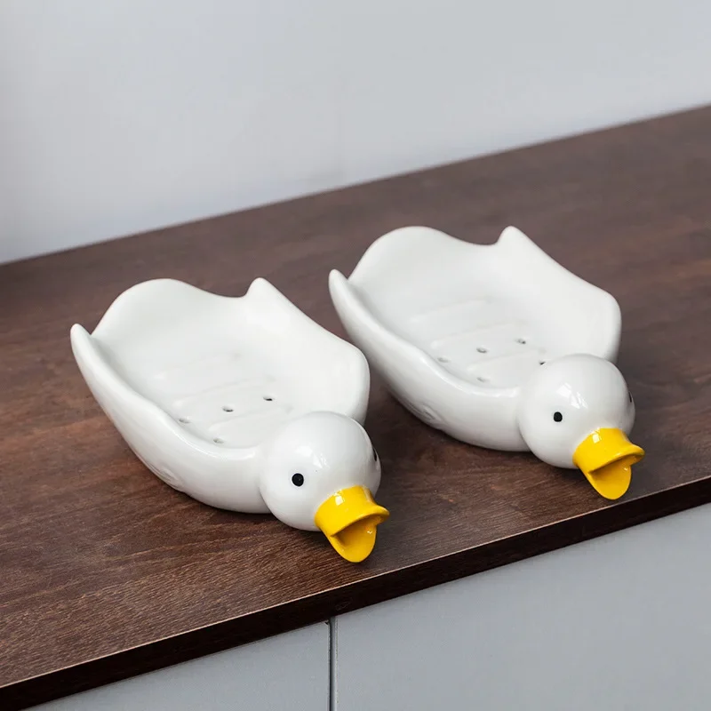 Duck Shape Ceramic Soap Box, Cartoon Soap Dish, Drainable Holder, Soap Stand, Cute Container, Bathroom Accessories