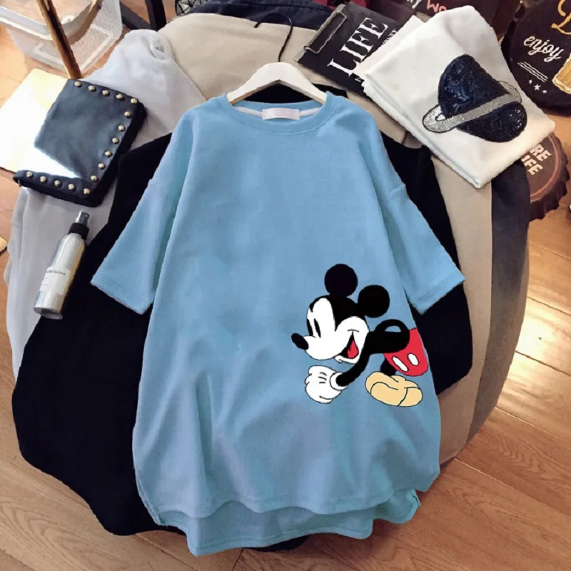 Disney Mickey Mouse T-shirt Summer Cartoon Mid-length Short-sleeved T-shirt Women's New Mickey Loose Large Size Half-sleeve Top