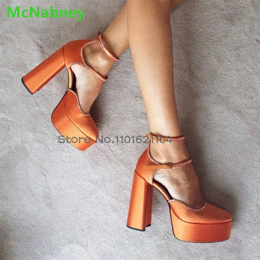 

Оранжевые туфли-лодочки на платформе с квадратным каблуком для женщин 2024, элегантные модные универсальные туфли на каблуке с круглым носком и пряжкой на щиколотке