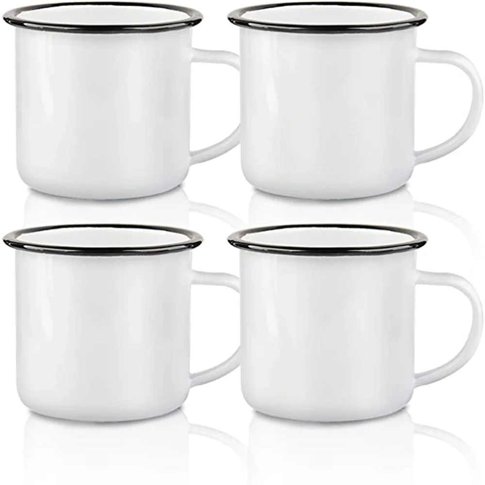 ブラックリム付きホワイトエナメルマグ、転送印刷ミルクコーヒーカップ、バルク卸売価格用タンブラー、昇華ブランク、12オンス