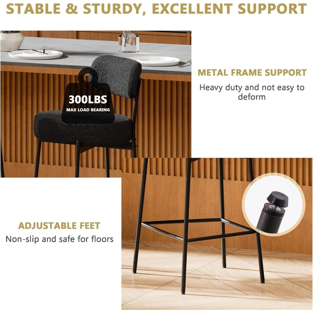 Set di 4 sgabelli da bar moderni da 24 pollici ad altezza bancone con gambe in metallo con schienale curvo, sgabelli da bar imbottiti Boucle