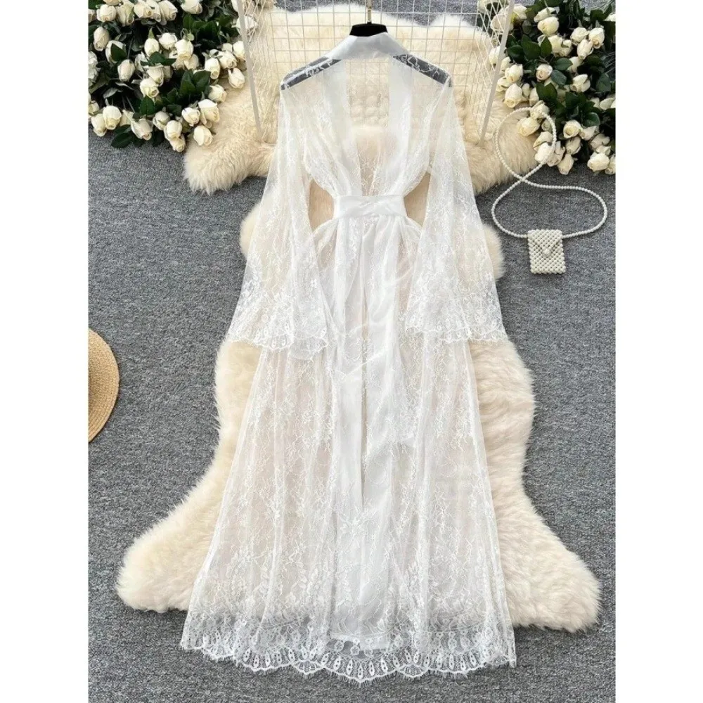 Lingerie Long Sleeve Long Lace Robes Ultra-thin Nightdress Lady Pajamas Hollow Out Transparent Sheer Robes Dress Appointment
