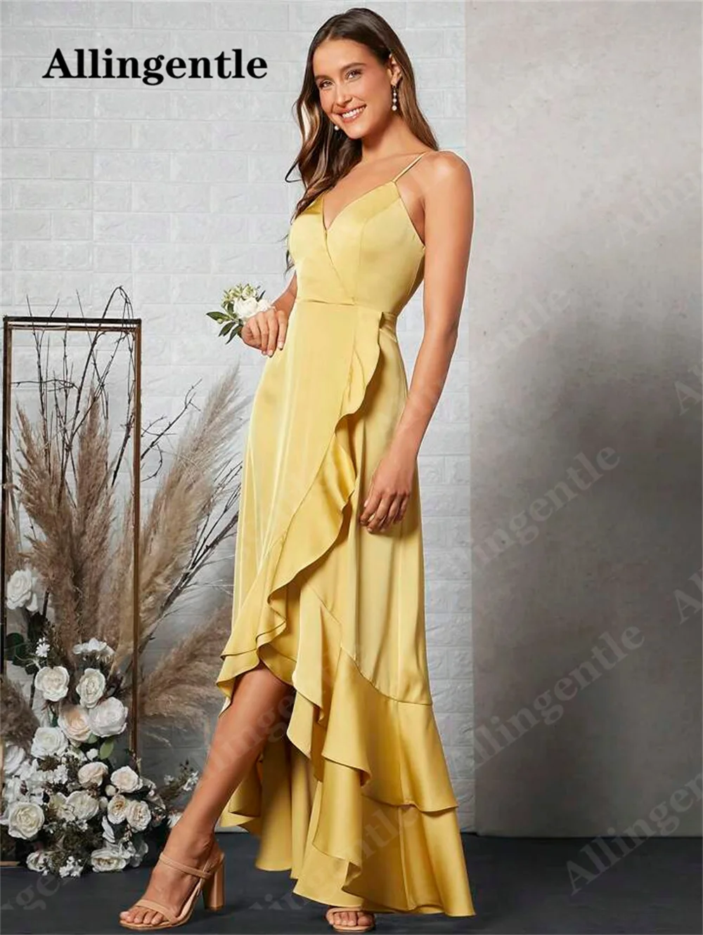 Allingentle Chic Fashion V-Neck Satin Bridesmaid Dresses 2024 A-line Ruffles Slit Party Prom Gown Floor Length vestidos de noche