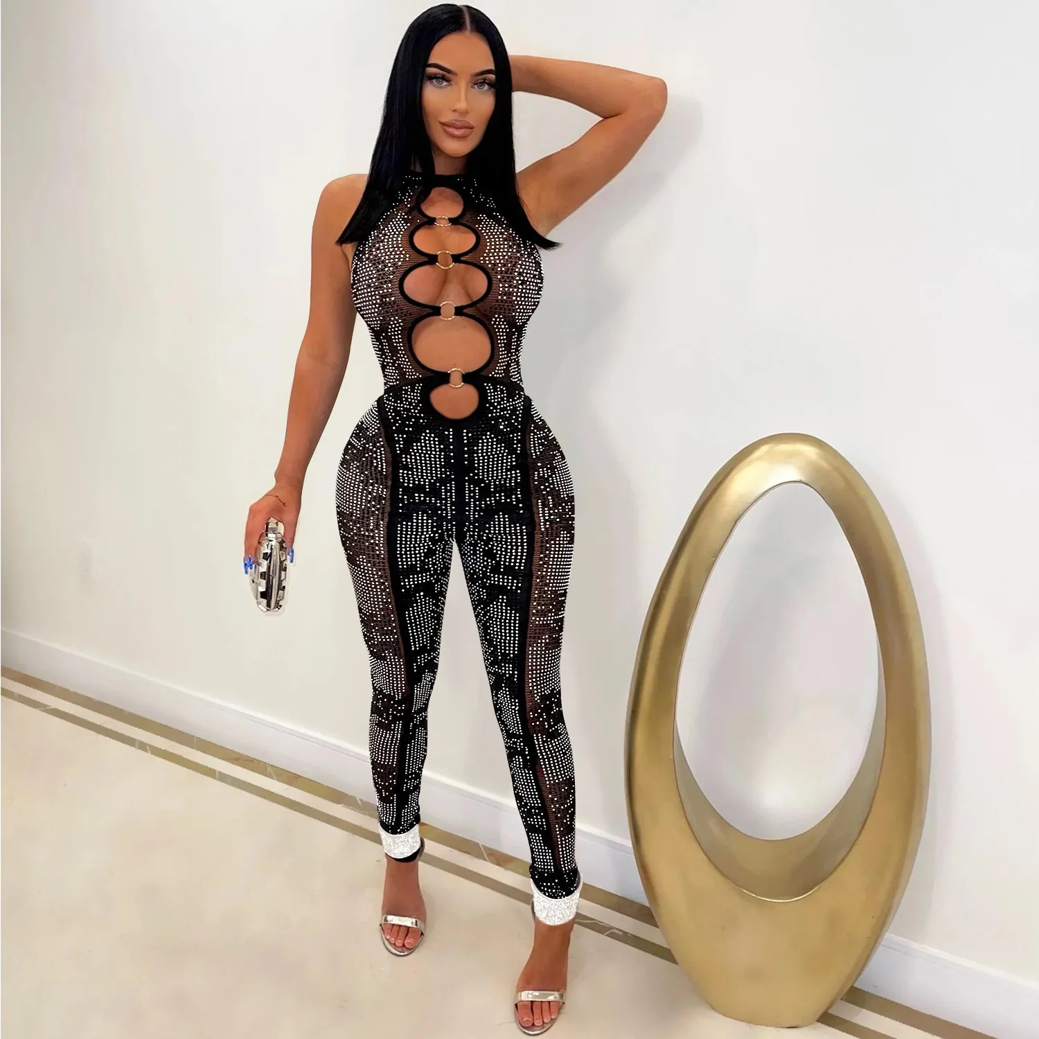 Fashion Women's Mesh See-through Party Party Club Nightclub Hot Drilling Sleeveless Pants Jumpsuit