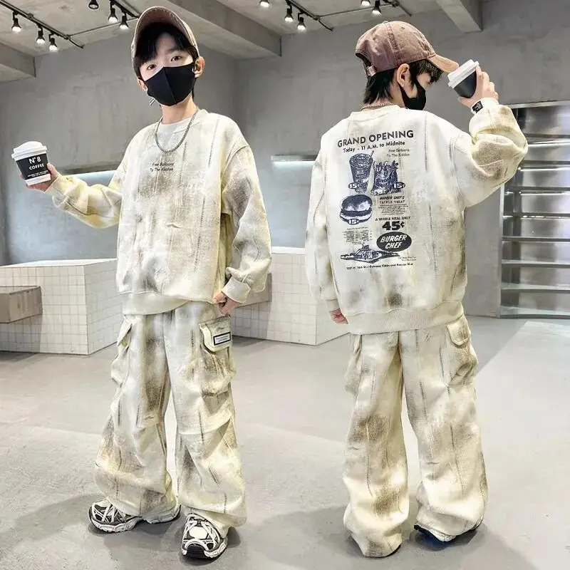 

Повседневная толстовка с принтом и брюки для мальчиков, комплект осенней одежды из 2 предметов, новая детская спортивная одежда