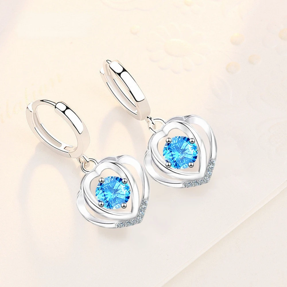

925 sterling silver 2021 new women's fashion jewelry high quality blue pink crystal zircon simple heart-shaped earrings