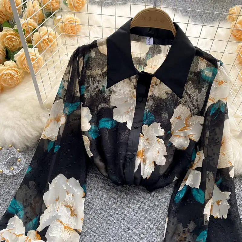 Flower Print Chiffon Vintage Transparent Thin Women\'s Blouse Shirt Polo-Neck Lantern Sleeve Pullover Blouses Spring Summer 2023