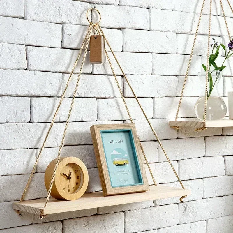 Wooden Rope Swing Wall Hanging Plant Flower Pot Tray Mounted Floating Wall Shelves Home Plant Flower Pot Tray Storage Garden Dec