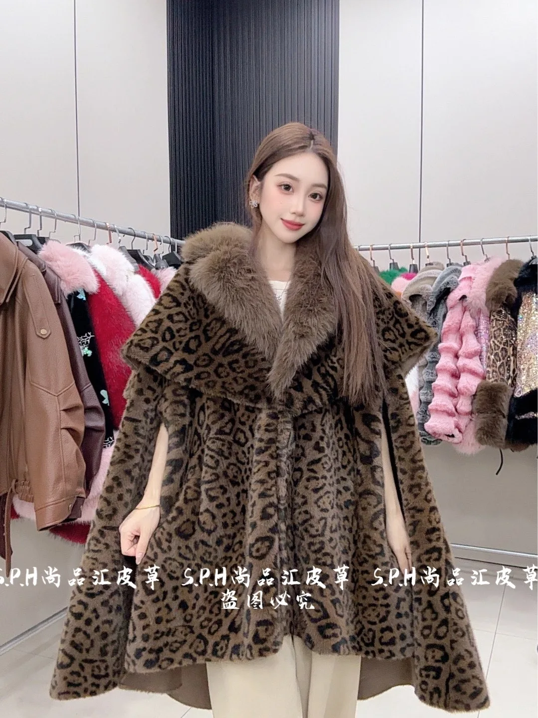 Jacket Leopard Print Cape Fur Collar Patchwork Warm Mid-length Faux Fur Coats Winter Clothes Women 2025 Fashion Jacket