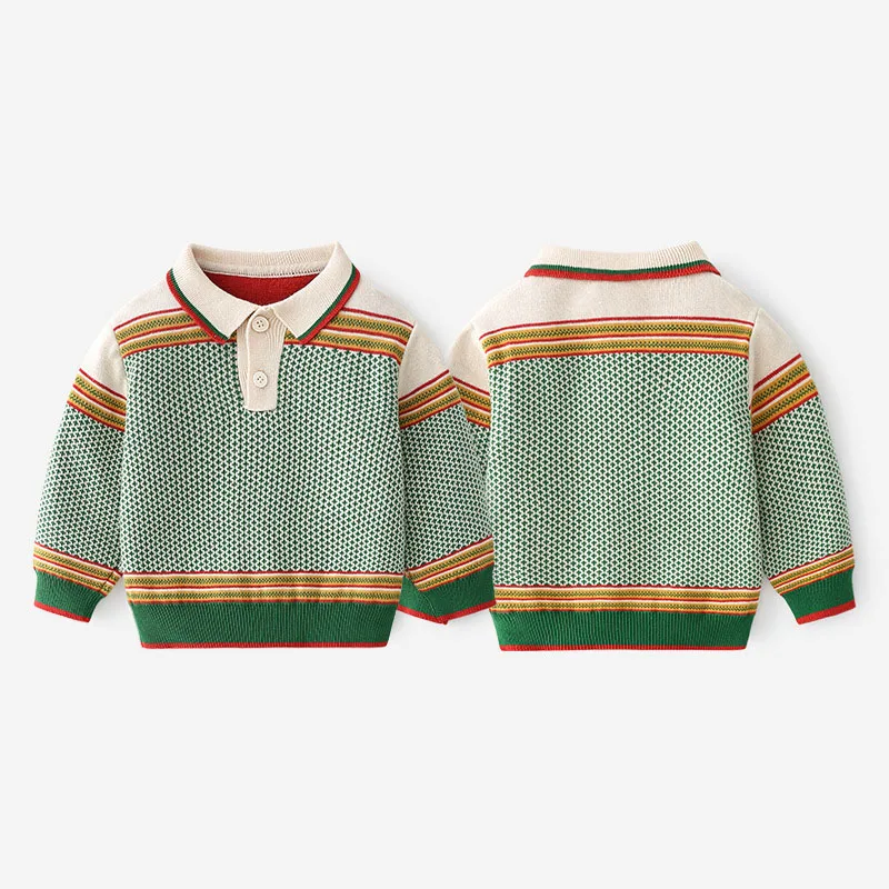 Autumn Winter Children Boys Polo Shirts Striped Patched Thickened Kid Baby Boys Pullover Cotton Elaist Hem Little Boys Sweater