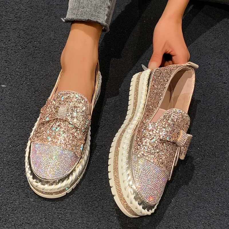 Flats Bling Loafers Women Shoes Platform Casual Luxury Sneakers 2025 Trend Walking Designer Bow Running Shoes