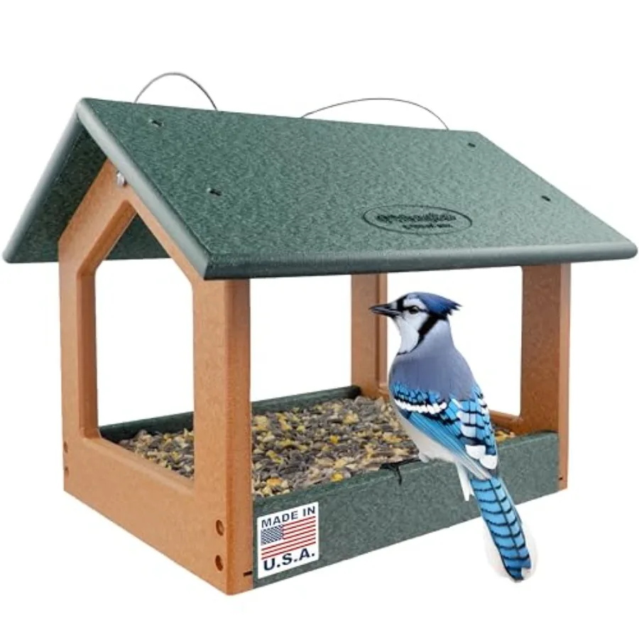 

Кормушка для птиц Amish USA Made из переработанного пластика, большая, подвесная, современная, с крышей, открытая платформа, для улицы и сада