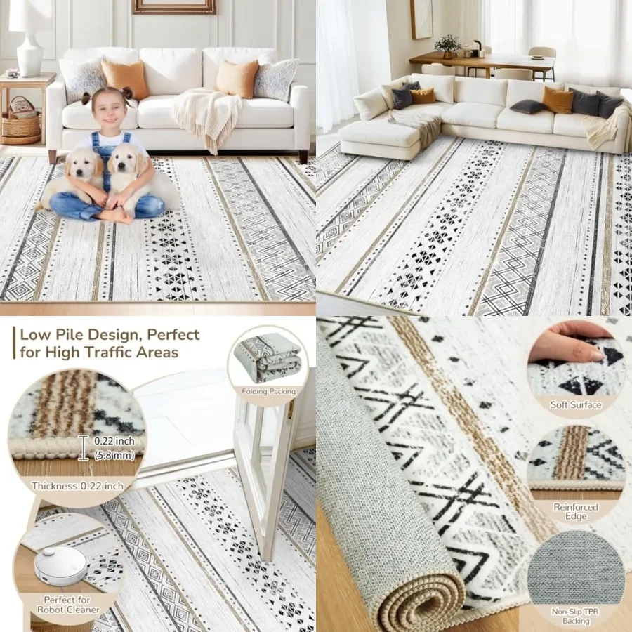

8x10 Area Rugs for Living Room Washable Moroccan Farmhouse Neutral Geometric Low Pile Non-Slip Soft Print Pattern Rug for Bedro
