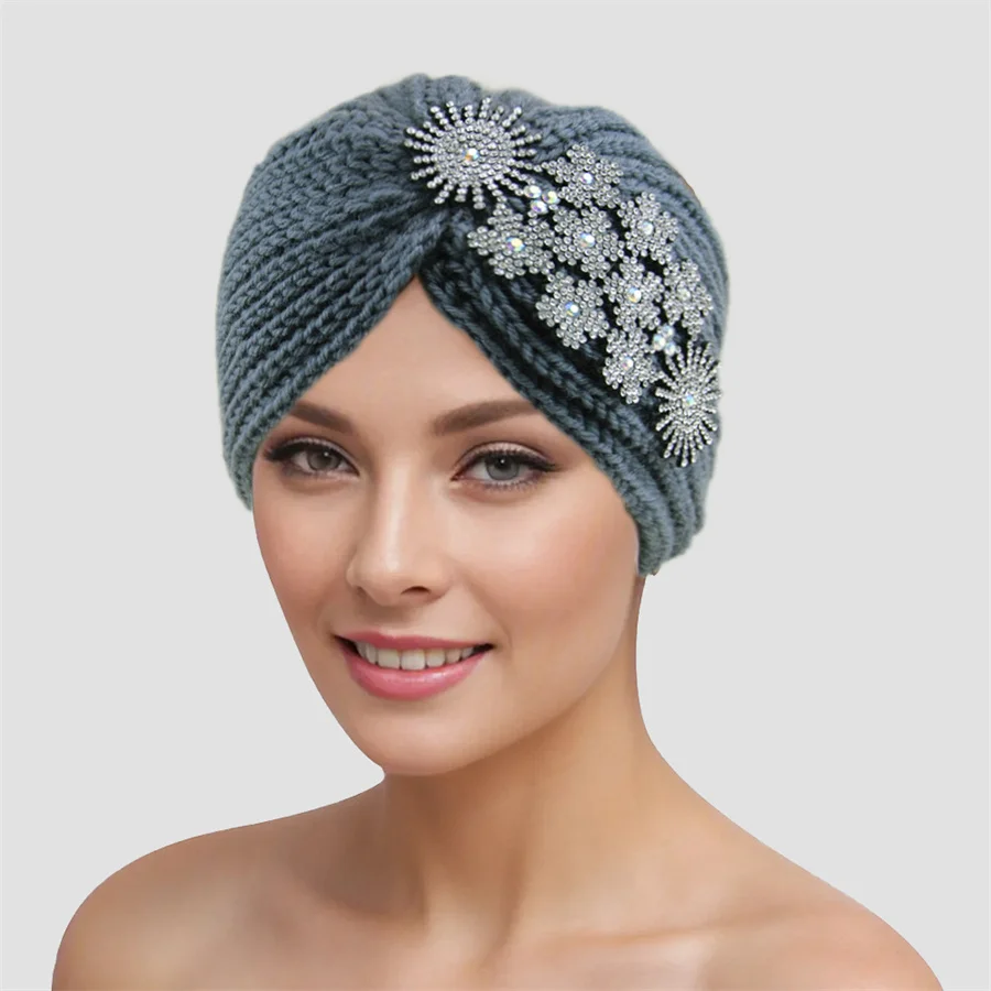 

New Indian Knitted Crystal Hair Hat Bohemian Autumn and Winter Warm Pullover Hat Fashion Retro Ethnic Hairband Hair Accessories