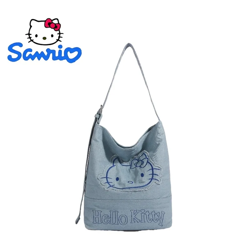 

Hello Kitty Luxury Shoulder Bag Bucket Bag Purse Handbag for Women Vintage Patch Denim Large Capacity Tote Durable Portable