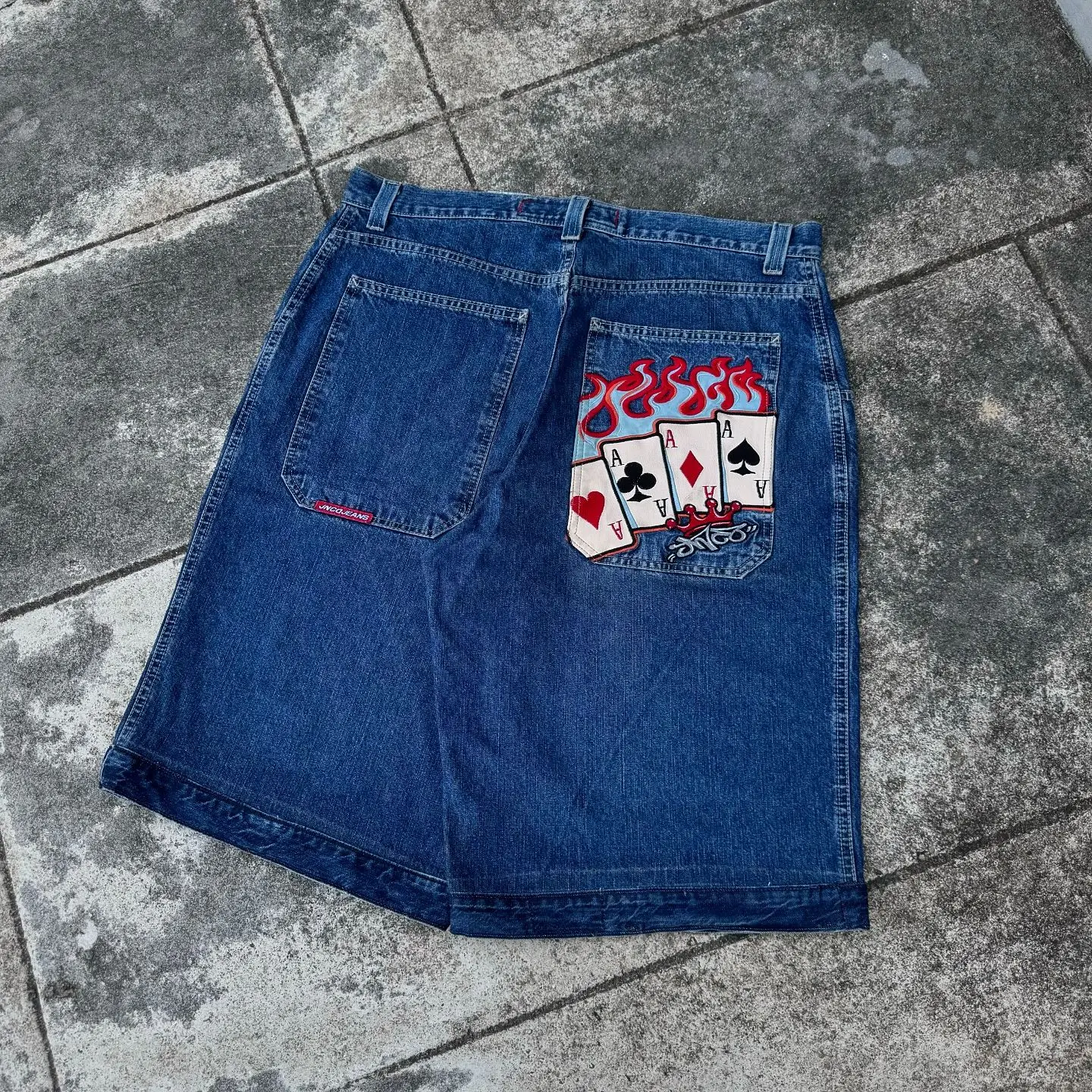 

Retro JNCO Flam Aces Card Shorts Mens Y2K Gothic Graphic Denim Gym Shorts Summer Hip Hop America Knee Lenght Jorts Streetwear