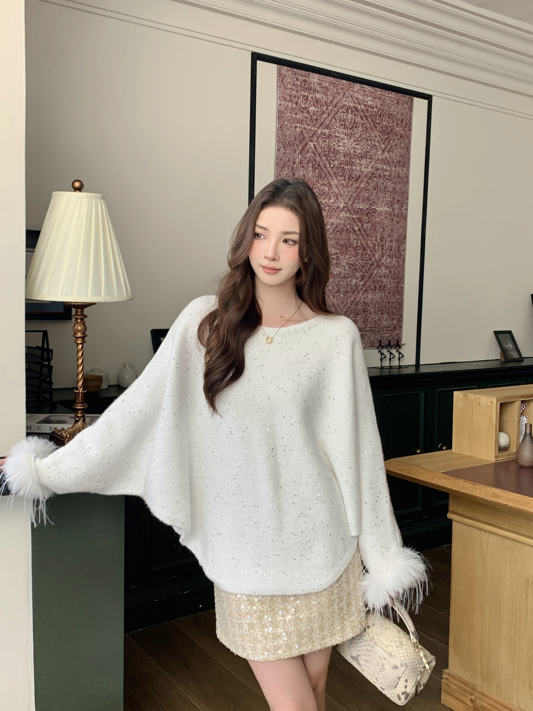 

Новый женский вязаный свитер BEASS Pure Desire свободного кроя с отстегивающимися пайетками и вставками, зимний, модный, для повседневной носки, с длинными рукавами