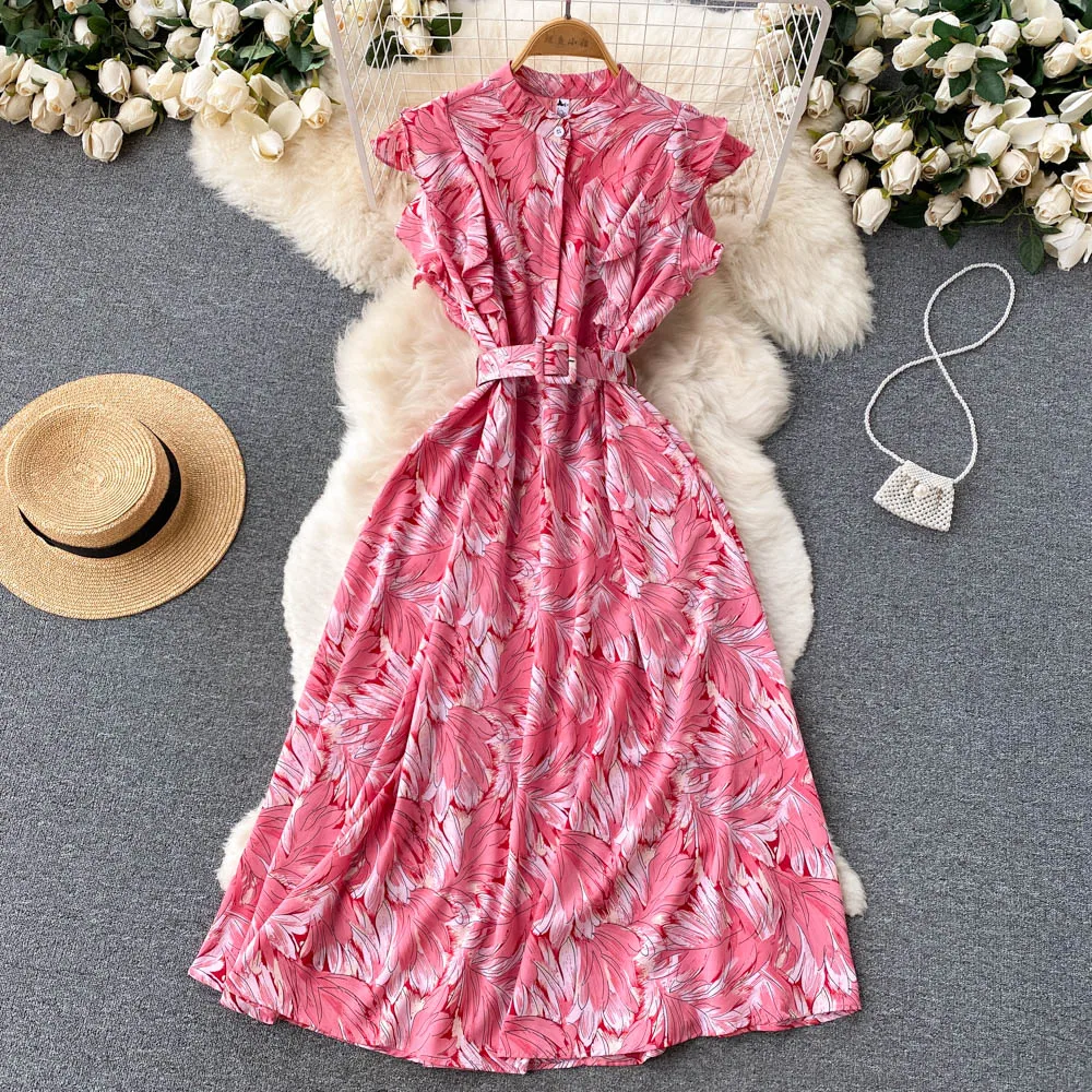 French Vintage Elegant Ruffle Print Dress  A-line Fashion Chiffon Spring Autumn Sleeveless Vestidos Women Belt Dresses